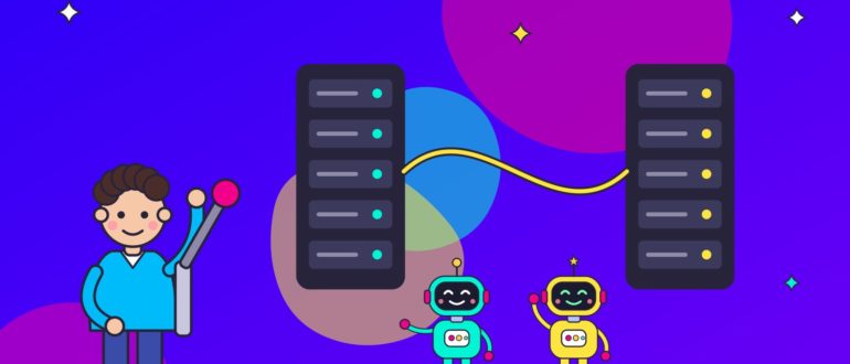 Разработчик за ноутбуком переключает большой рычаг, а два робота передают друг другу светящийся кабель между серверами